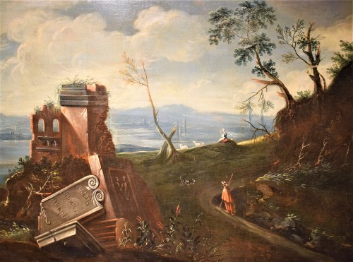 XVIIIe siècle - Paysage Lacustre avec ruines et personnages - École vénitienne du XVIIIe